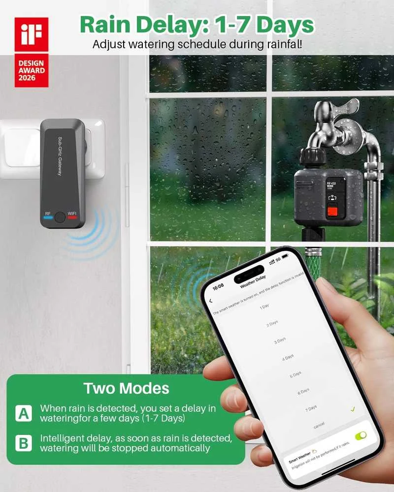 johgee išmanusis Wi‑Fi laistymo programatorius su RF 300 m technologija, suderinamas su Alexa ir Smart Life