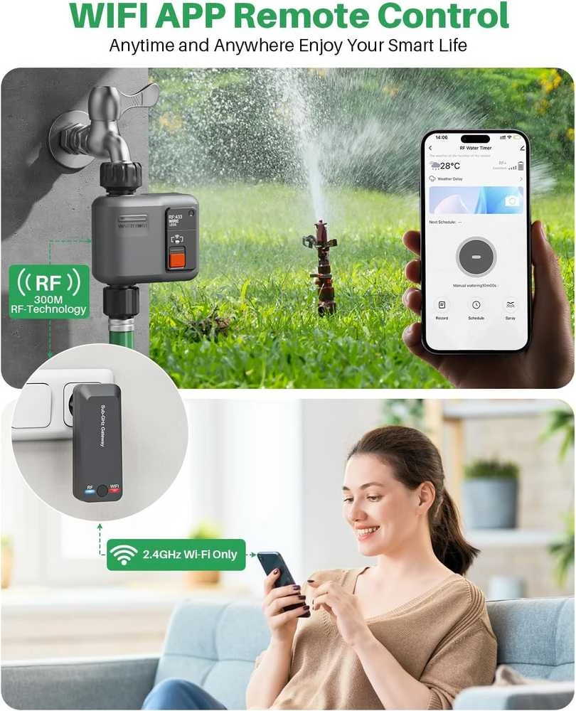 johgee išmanusis Wi‑Fi laistymo programatorius su RF 300 m technologija, suderinamas su Alexa ir Smart Life