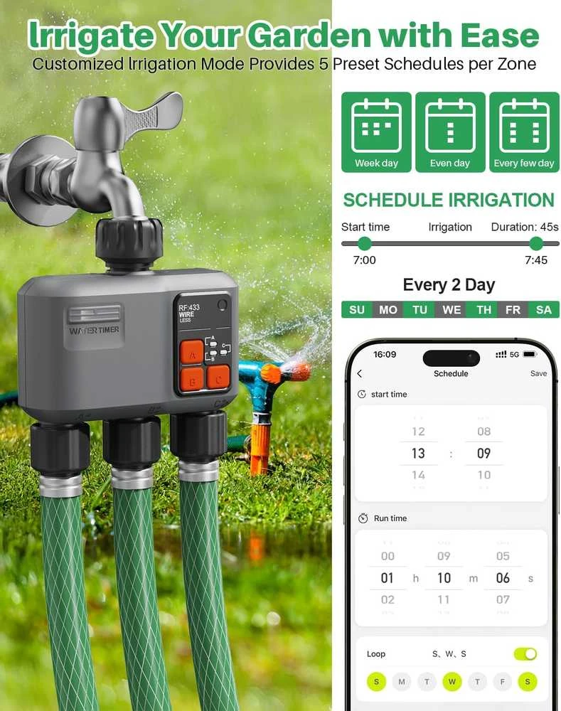 johgee Wi‑Fi automatinis laistymo programatorius su 3 išėjimais, RF 300 m, suderinamas su Alexa ir Smart Life