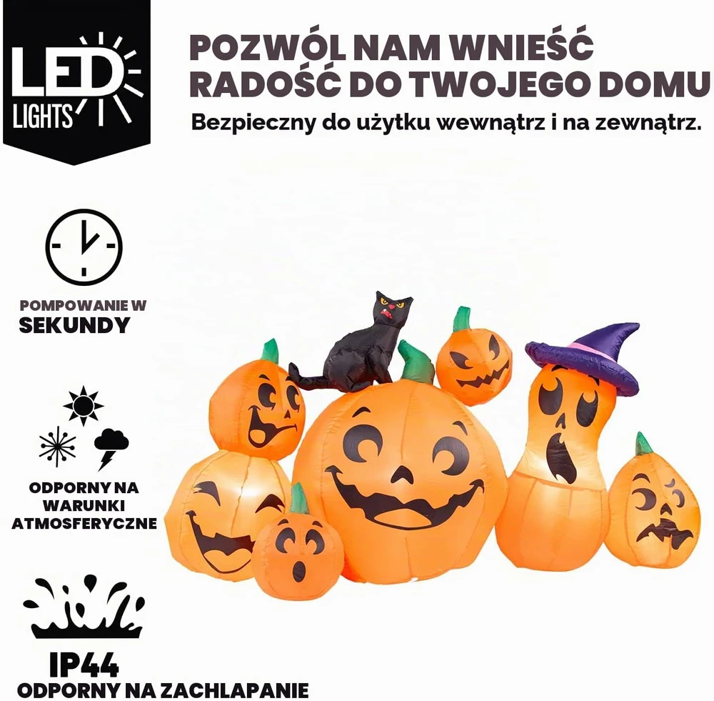 Joiedomi pripučiama Helovino kiemo dekoracija su moliūgais, juodu katinu ir LED 31649