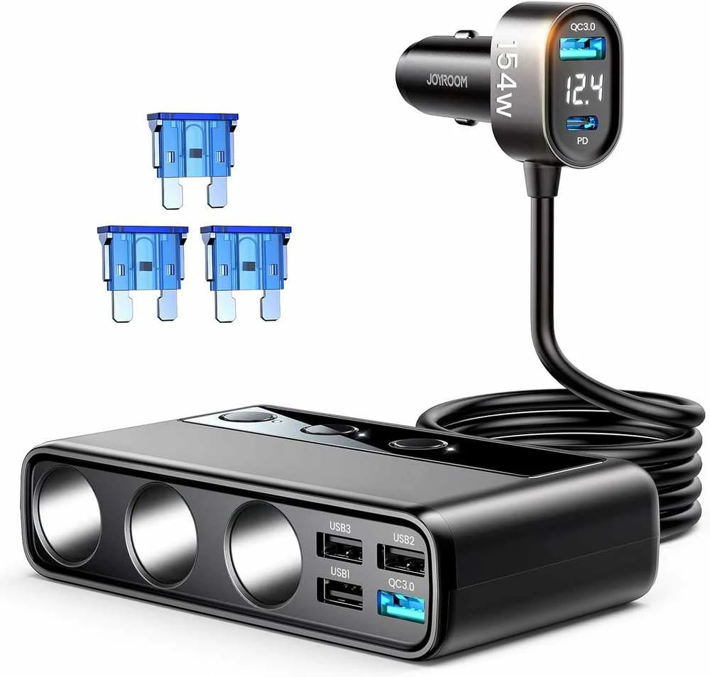 Automobilinis įkroviklis Joyroom 9in1 154W 3x12V, PD USB Type-C, QC3.0 USB-A, 4xUSB-A JR-CL06