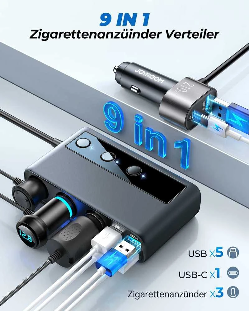 Automobilinis įkroviklis Joyroom 9in1 154W 3x12V, PD USB Type-C, QC3.0 USB-A, 4xUSB-A JR-CL06