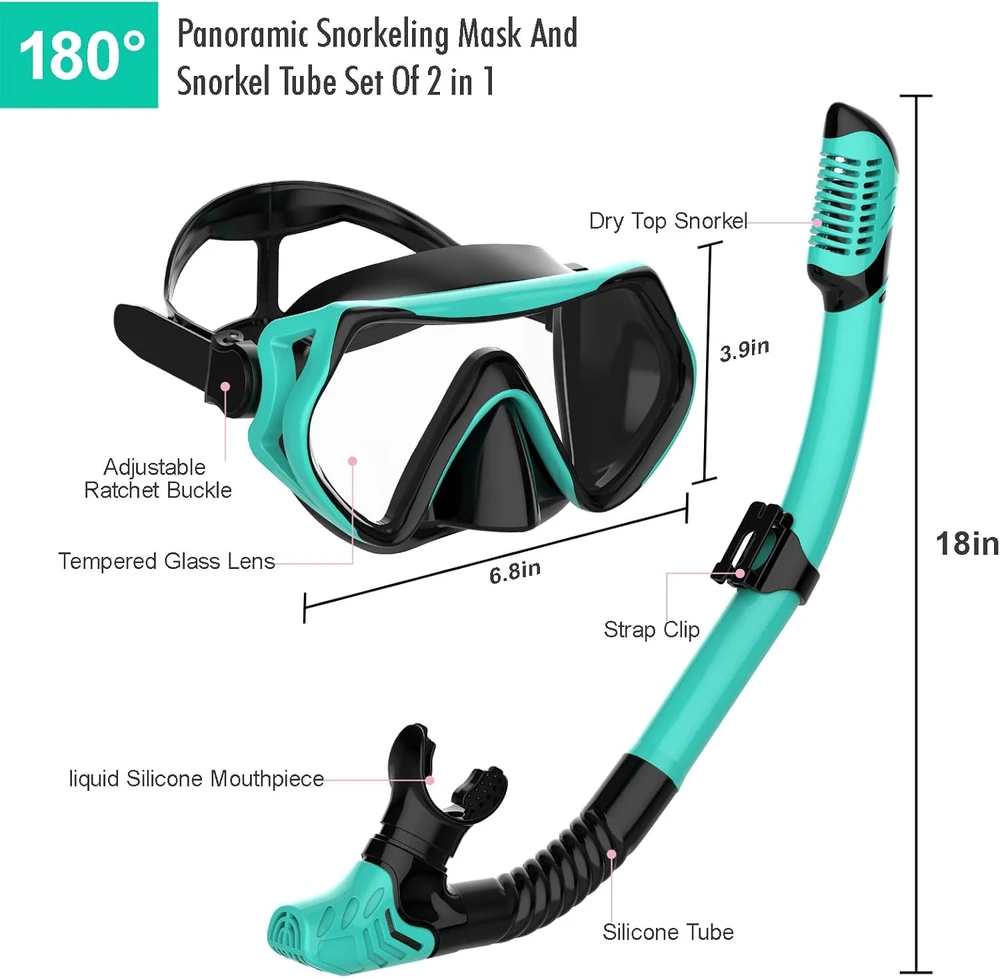 JRing nardymo rinkinys su 180° grūdinto stiklo kauke ir sausu snorkeliu su priešrūko danga suaugusiems