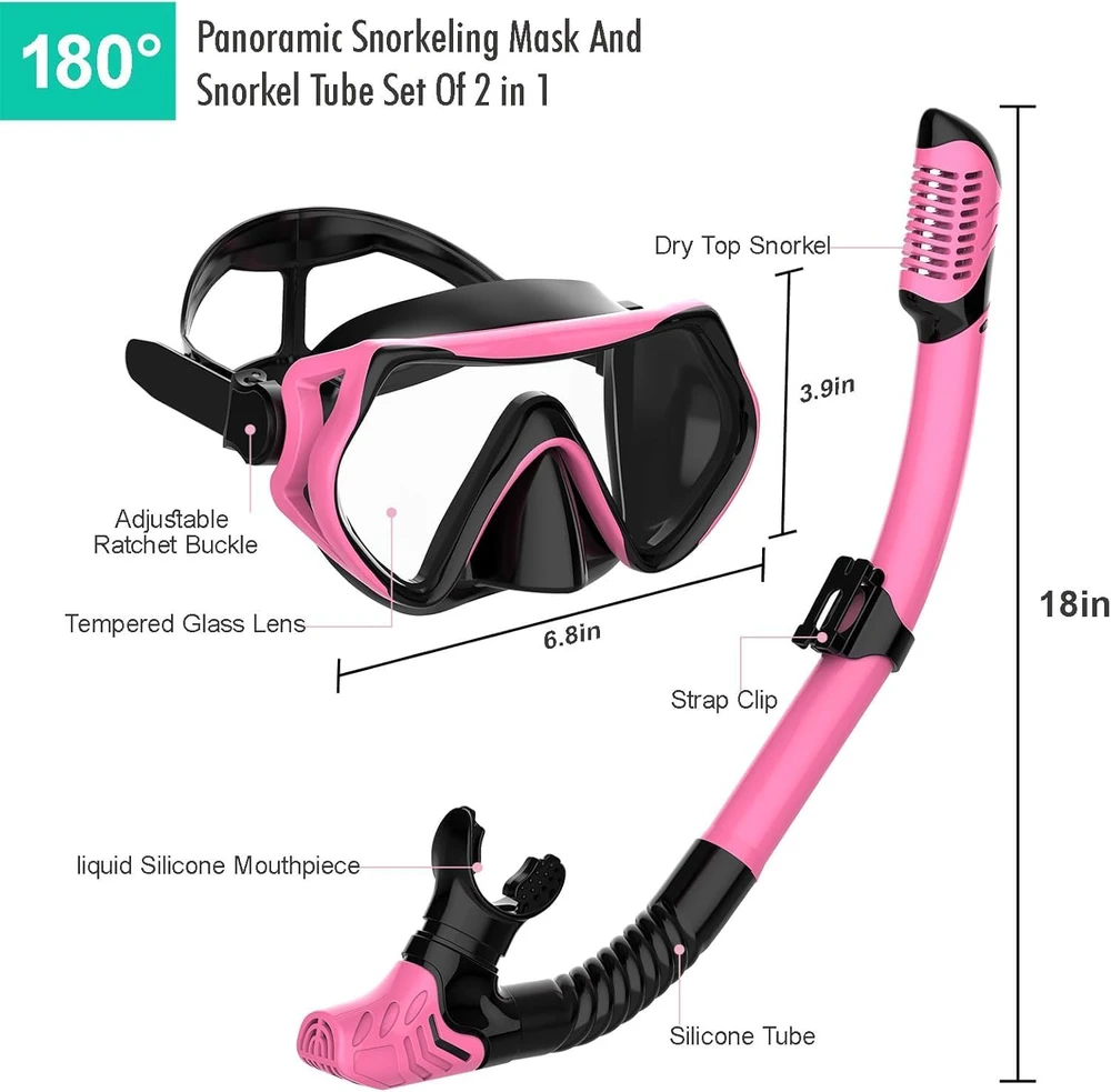 JRing nardymo rinkinys su kauke ir snorkeliu, 180° stiklo kaukė, su silikoninėmis juostomis, priešrūkinė, suaugusiems