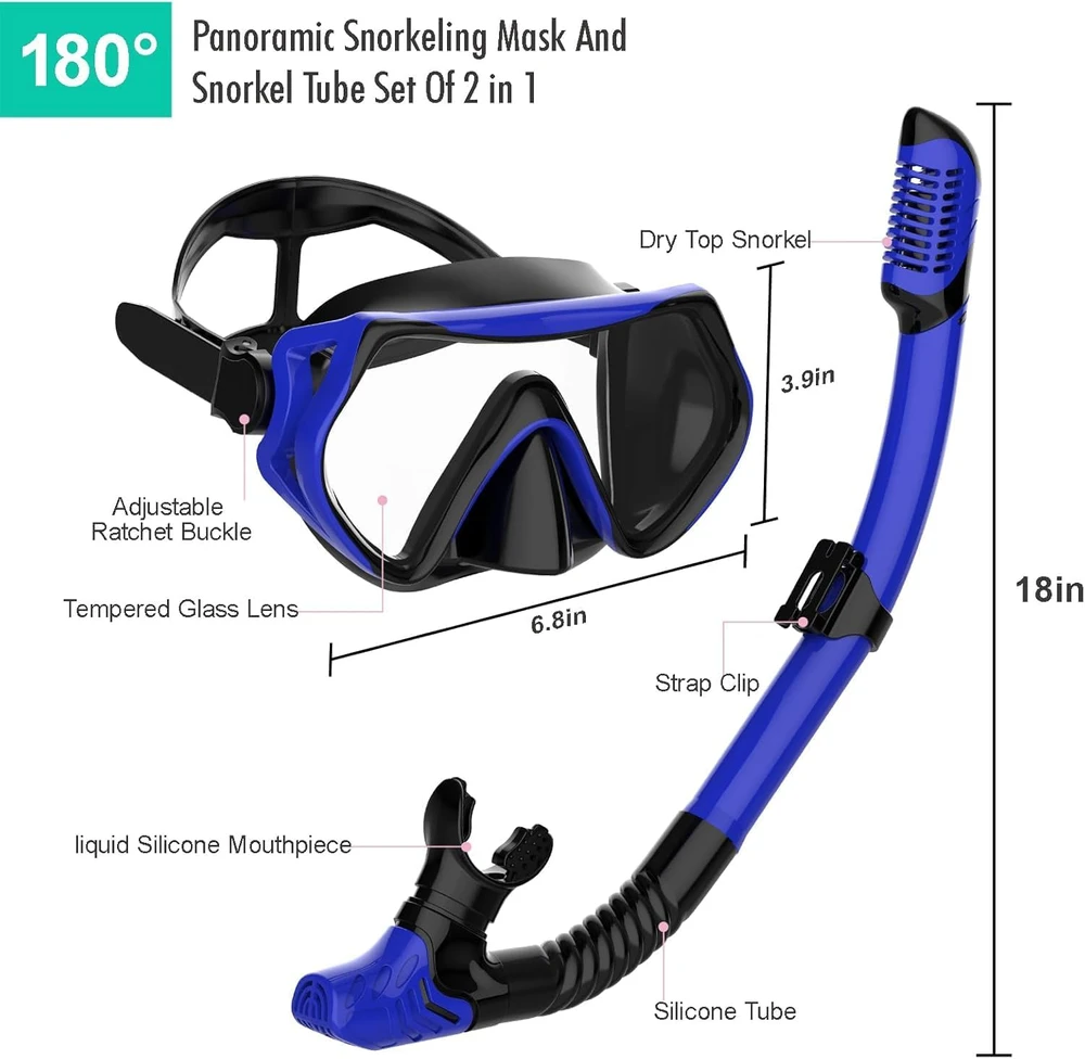 JRing nardymo rinkinys su panorama 180° grūdinto stiklo mase ir snorkeliu su sauso vožtuvo sistema, priešrūkinis, suaugusiems
