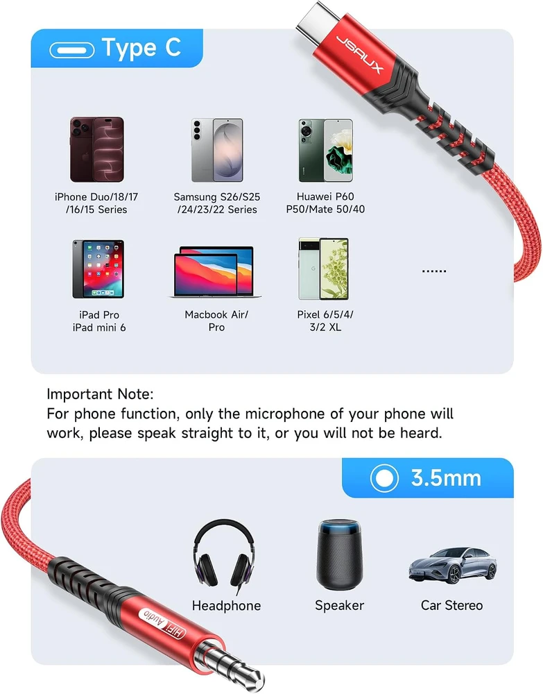 JSAUX 1 m USB-C–3,5 mm garso kabelis, CM0012