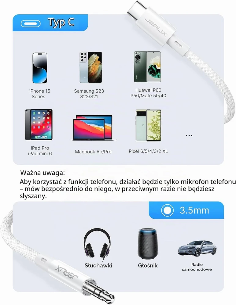 JSAUX 1 m USB-C–3,5 mm garso kabelis su DAC keitikliu, baltas, AU011-WH