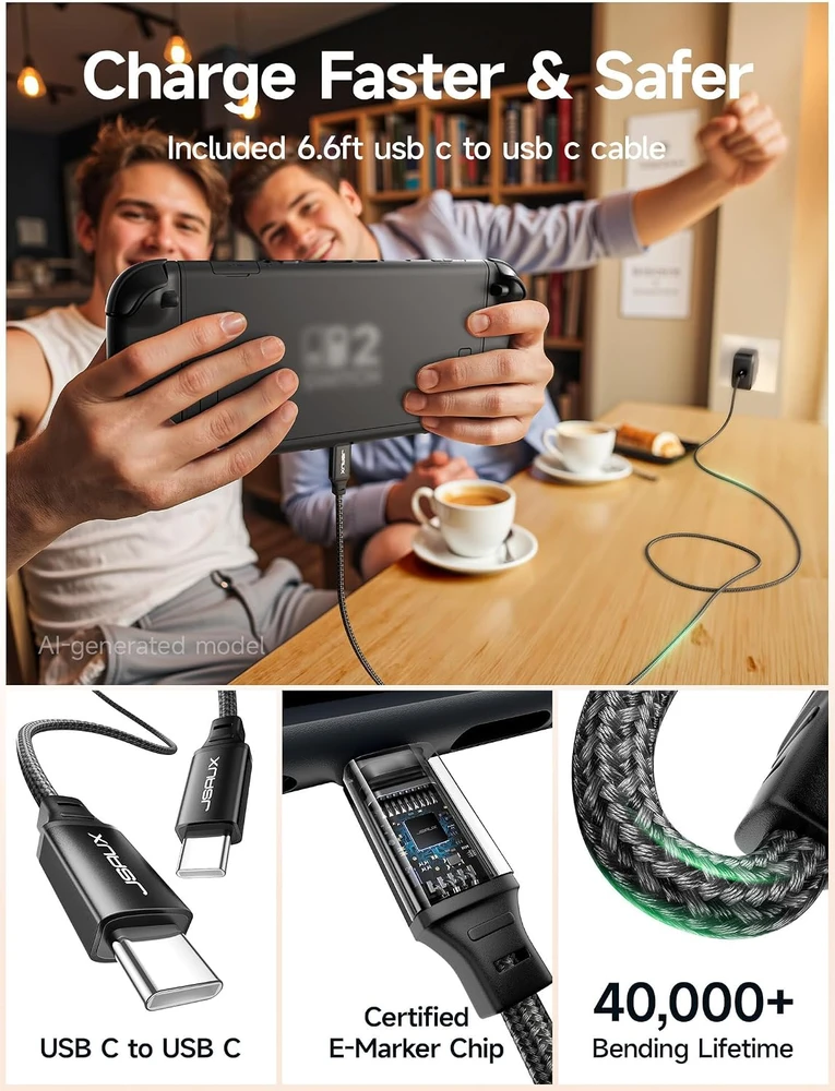 JSAUX 65 W USB-C GaN įkroviklis su 2 m USB-C laidu, CH6505