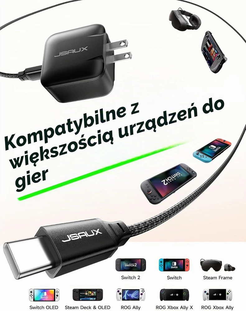 JSAUX 65 W USB-C GaN įkroviklis su 2 m USB-C laidu, CH6505