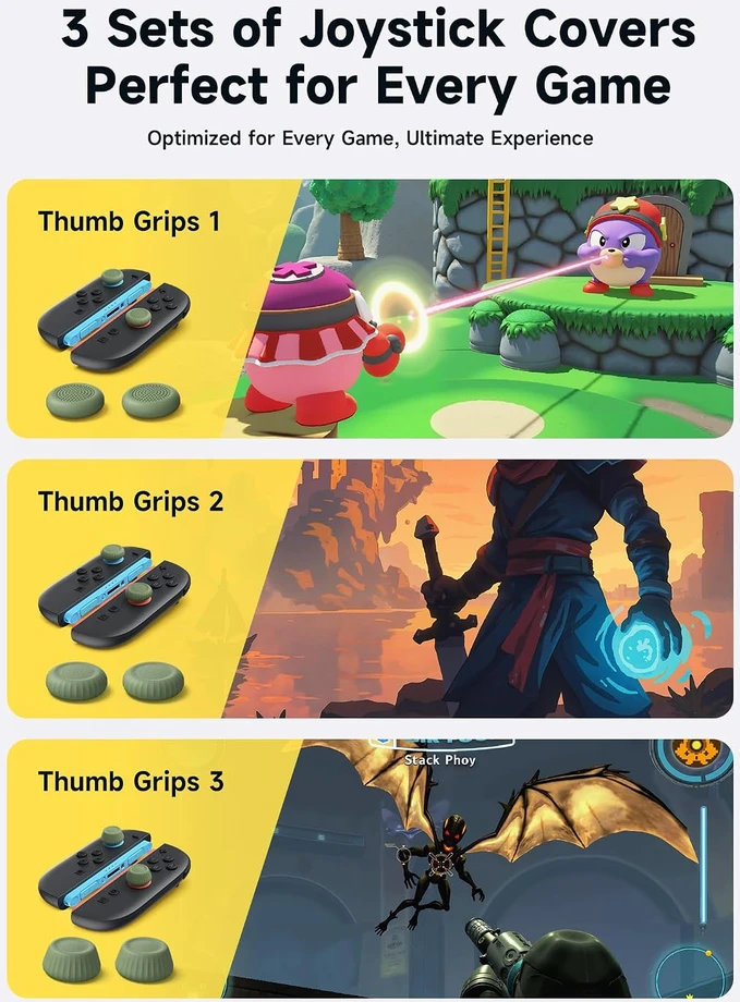 JSAUX analoginių valdymo svirtelių antgalių rinkinys Nintendo Switch 2 valdikliui, 3 dydžių, GP0404