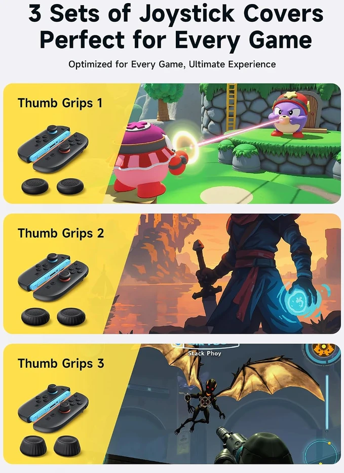 JSAUX juodi analoginių valdymo svirtelių antgaliai Nintendo Switch 2 valdikliui, 3 dydžių, GP0404