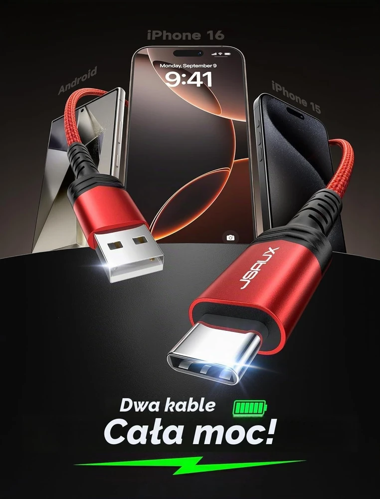 JSAUX USB-A–USB-C įkrovimo laidų rinkinys, 1 m ir 2 m, 25 W, 2 vnt., CC0011