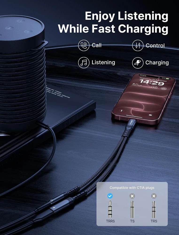 JSAUX USB-C garso ir įkrovimo adapteris su 3,5 mm lizdu, PD 60 W, JSDENZCM0029BL
