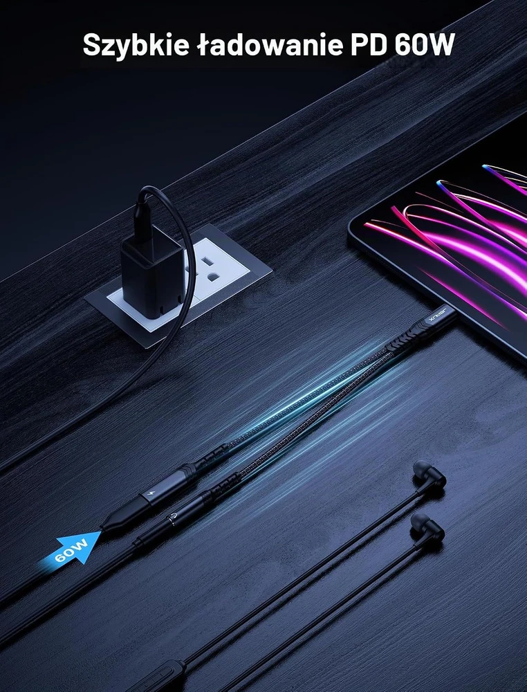 JSAUX USB-C garso ir įkrovimo adapteris su 3,5 mm lizdu, PD 60 W, JSDENZCM0029BL