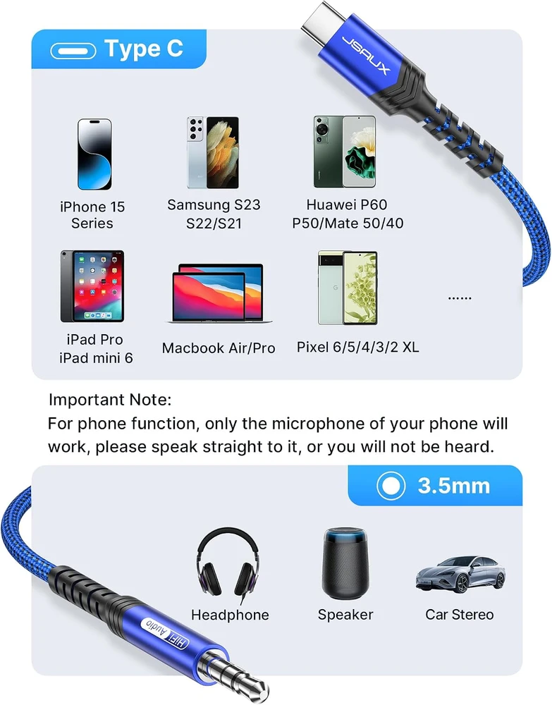 JSAUX USB-C–3,5 mm AUX garso kabelis su DAC, 1 m, JSDENZC2AUXBU2M