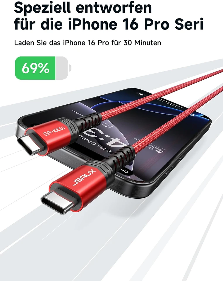 JSAUX USB-C–USB-C laidas, 100 W, 2 m, raudonas, CC0020
