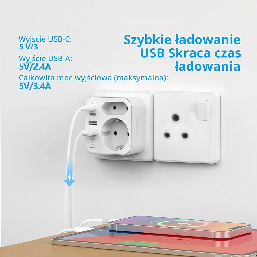 JSVER kelioninis adapteris M tipo kištukui su 2 USB-A ir 2 USB-C, 17 W, JSVER-PA2042-ZA