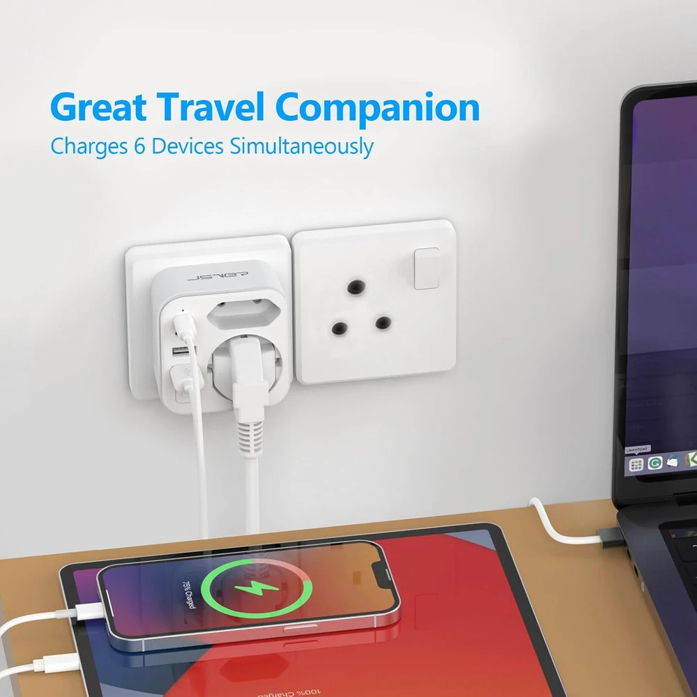 JSVER kelioninis adapteris M tipo kištukui su 2 USB-A ir 2 USB-C, 17 W, JSVER-PA2042-ZA