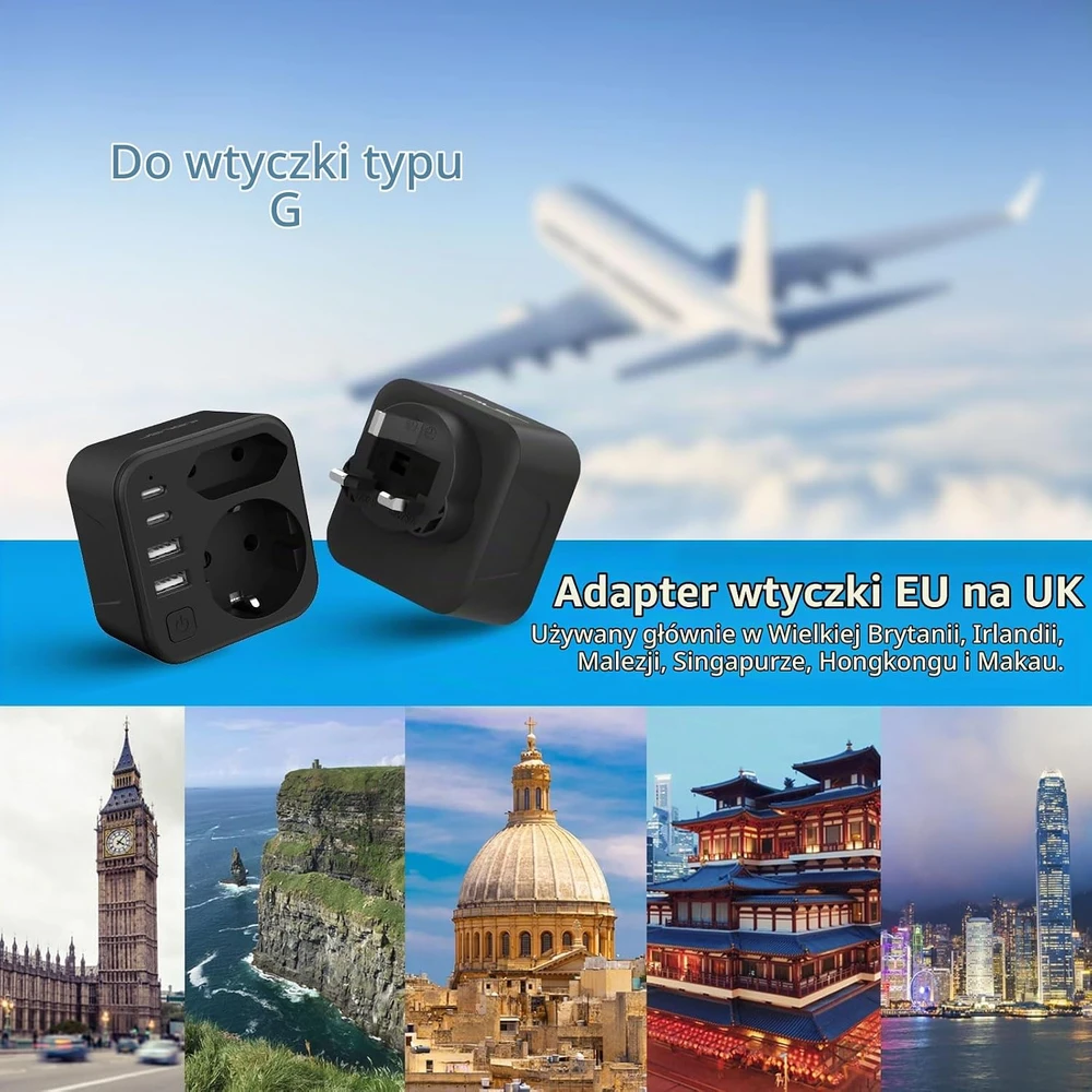 JSVER kelioninis adapteris Type G su 2 USB-C ir 2 USB-A, 3680 W, JSVER-PA2042-UK