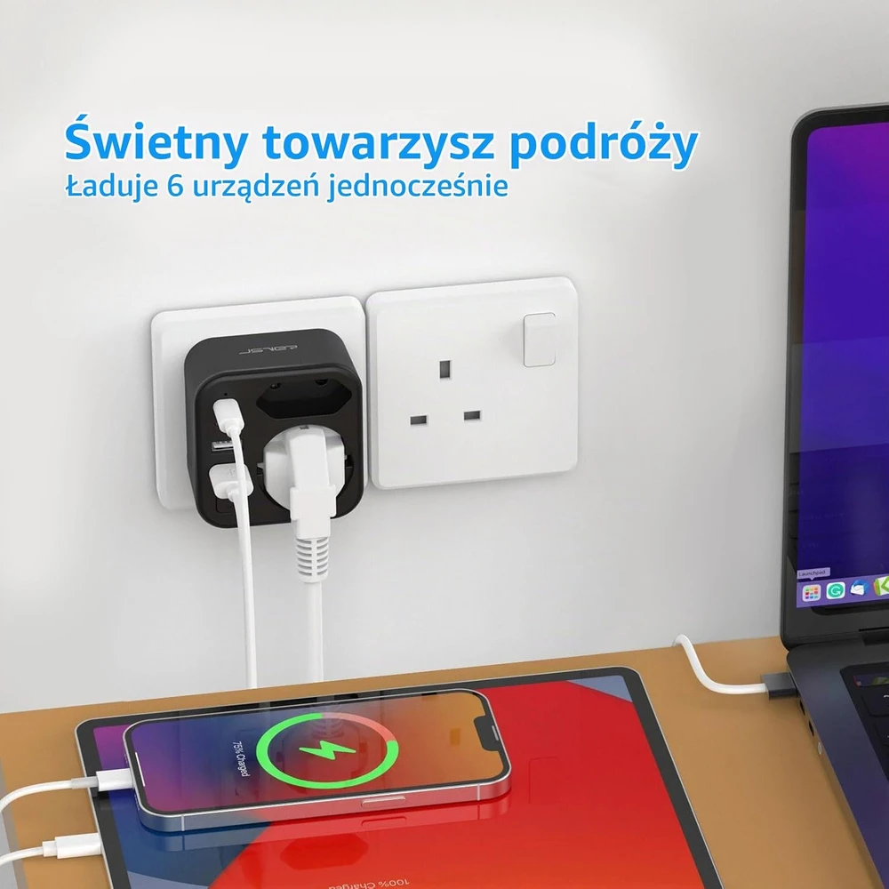 JSVER kelioninis adapteris Type G su 2 USB-C ir 2 USB-A, 3680 W, JSVER-PA2042-UK