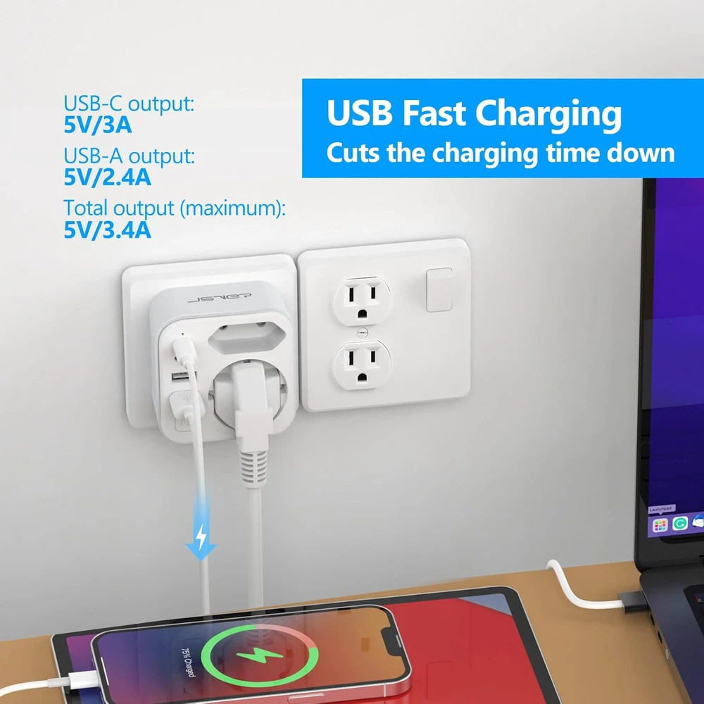 JSVER kelioninis JAV tipo B kištuko adapteris su 2 USB-C ir 2 USB-A, 17 W JSVER-PA2042-US