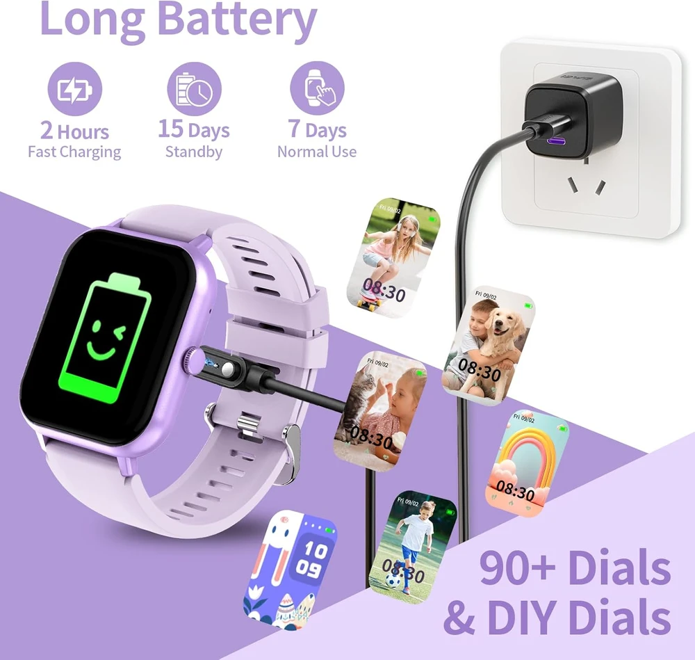 JUBUNRER išmanusis laikrodis vaikams su Bluetooth, žingsniamačiu, kraujospūdžio ir pulsometru, IP68, kidfit-violet