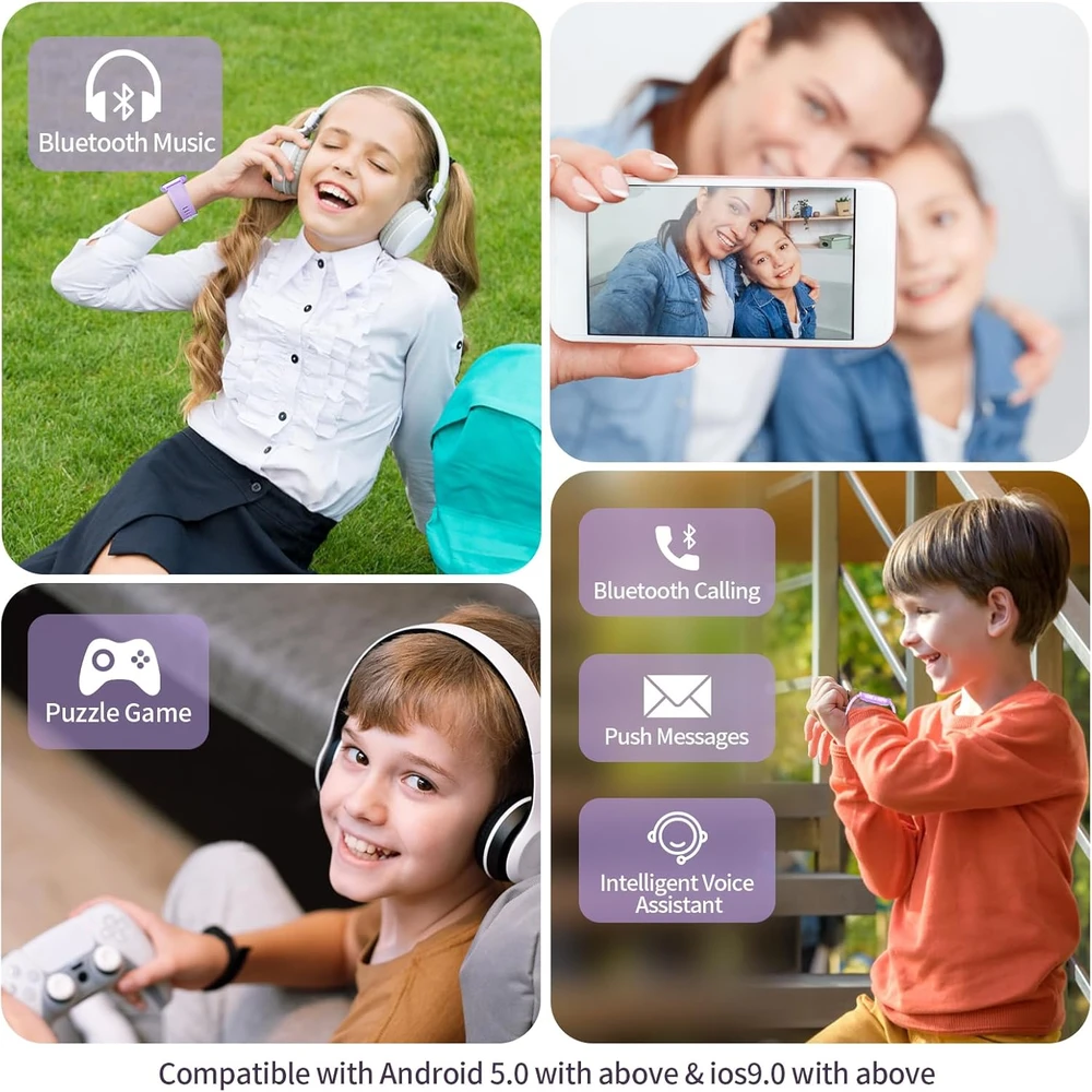 JUBUNRER išmanusis laikrodis vaikams su Bluetooth, žingsniamačiu, kraujospūdžio ir pulsometru, IP68, kidfit-violet