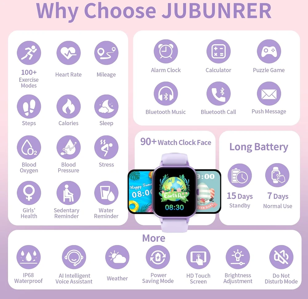 JUBUNRER išmanusis laikrodis vaikams su Bluetooth, žingsniamačiu, kraujospūdžio ir pulsometru, IP68, kidfit-violet