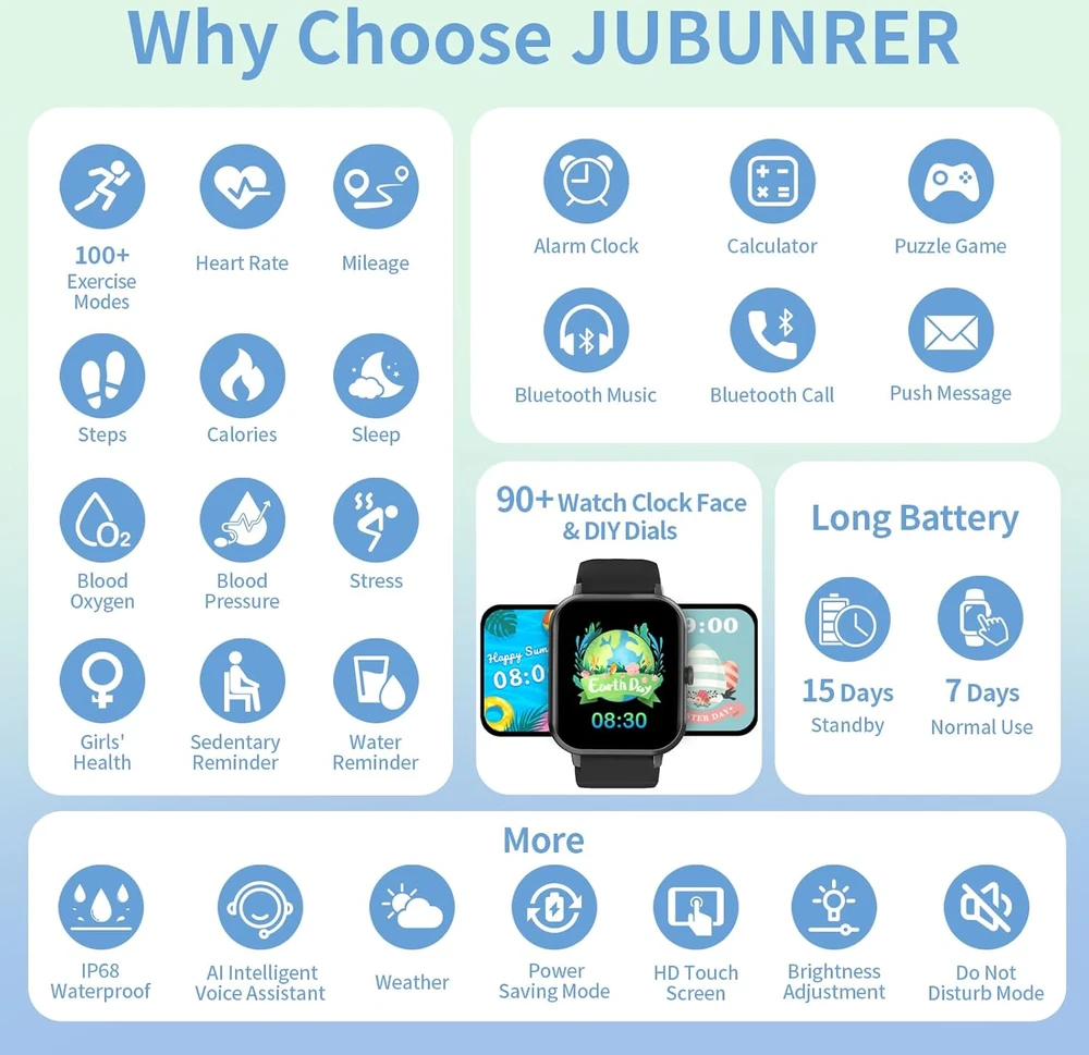 JUBUNRER vaikiškas išmanusis laikrodis IP68, Bluetooth, AMOLED 1,37 colio, pulsas, žingsniamatis