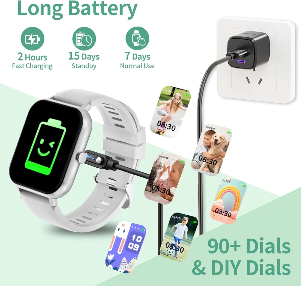 JUBUNRER vaikų išmanusis laikrodis be SIM kortelės, spalvotas 1,37 colio lietimui jautrus ekranas, Bluetooth skambučių funkcija, IP68 atsparumas vandeniui, kidfit-argent