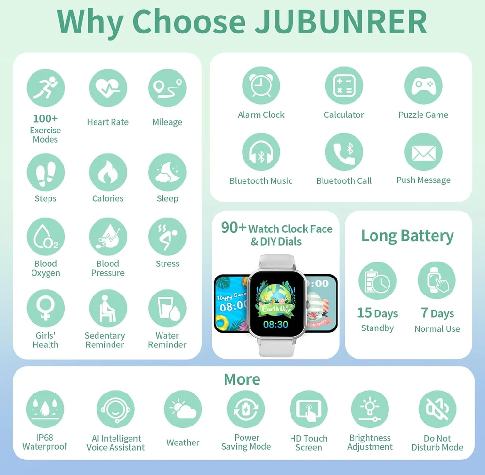 JUBUNRER vaikų išmanusis laikrodis be SIM kortelės, spalvotas 1,37 colio lietimui jautrus ekranas, Bluetooth skambučių funkcija, IP68 atsparumas vandeniui, kidfit-argent