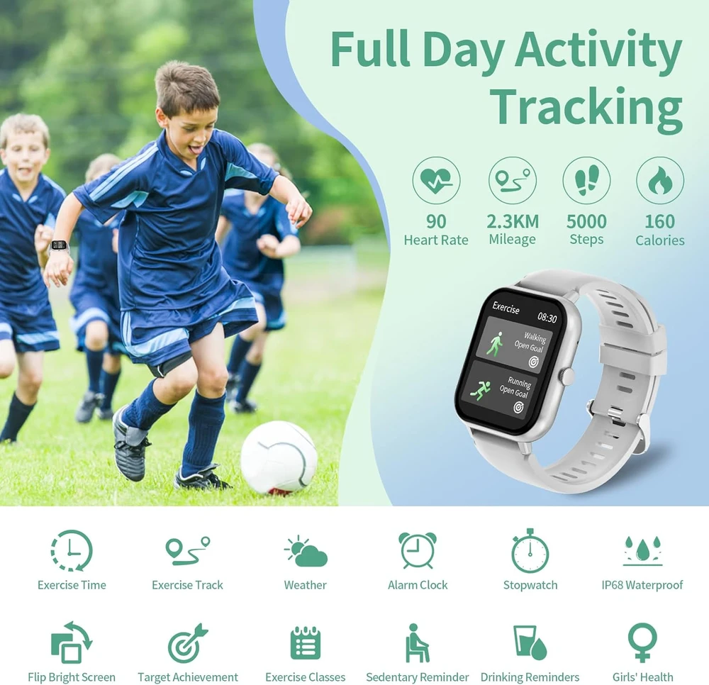 JUBUNRER vaikų išmanusis laikrodis be SIM kortelės, spalvotas 1,37 colio lietimui jautrus ekranas, Bluetooth skambučių funkcija, IP68 atsparumas vandeniui, kidfit-argent