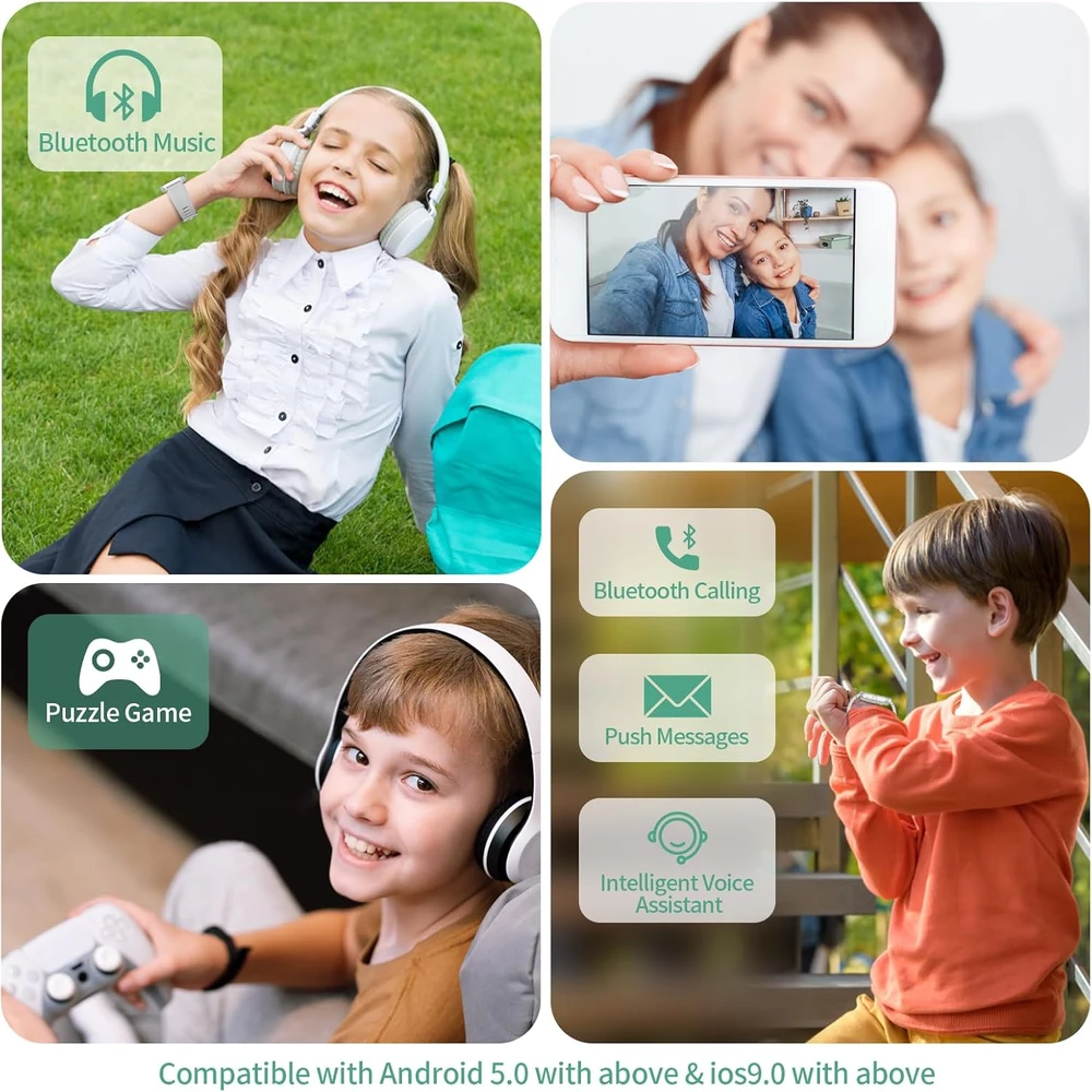 JUBUNRER vaikų išmanusis laikrodis be SIM kortelės, spalvotas 1,37 colio lietimui jautrus ekranas, Bluetooth skambučių funkcija, IP68 atsparumas vandeniui, kidfit-argent