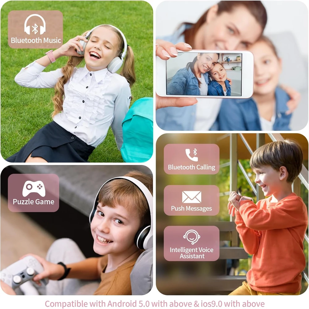 JUBUNRER vaikų išmanusis laikrodis su Bluetooth, širdies ritmo matuokliu, miego stebėjimu, žingsniamačiu, 1,37 colio jutikliniu ekranu, kidfit-rose