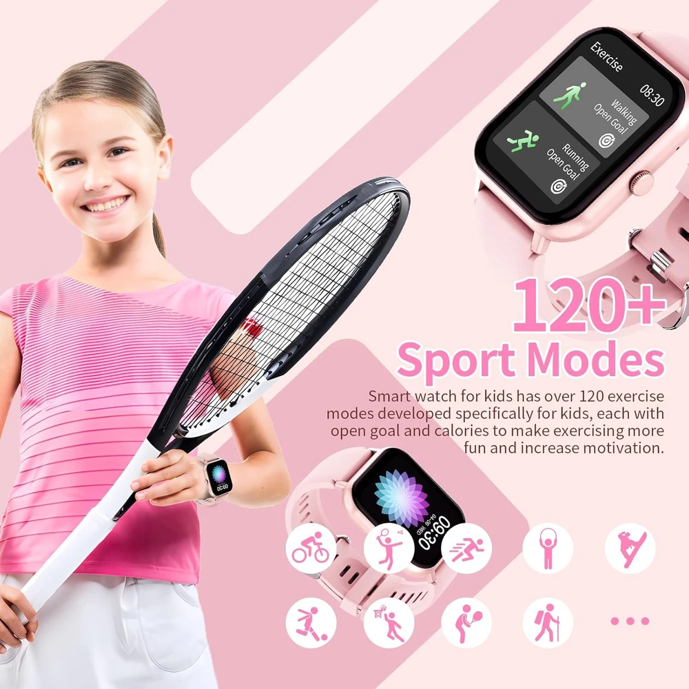 JUBUNRER vaikų išmanusis laikrodis su Bluetooth, širdies ritmo matuokliu, miego stebėjimu, žingsniamačiu, 1,37 colio jutikliniu ekranu, kidfit-rose