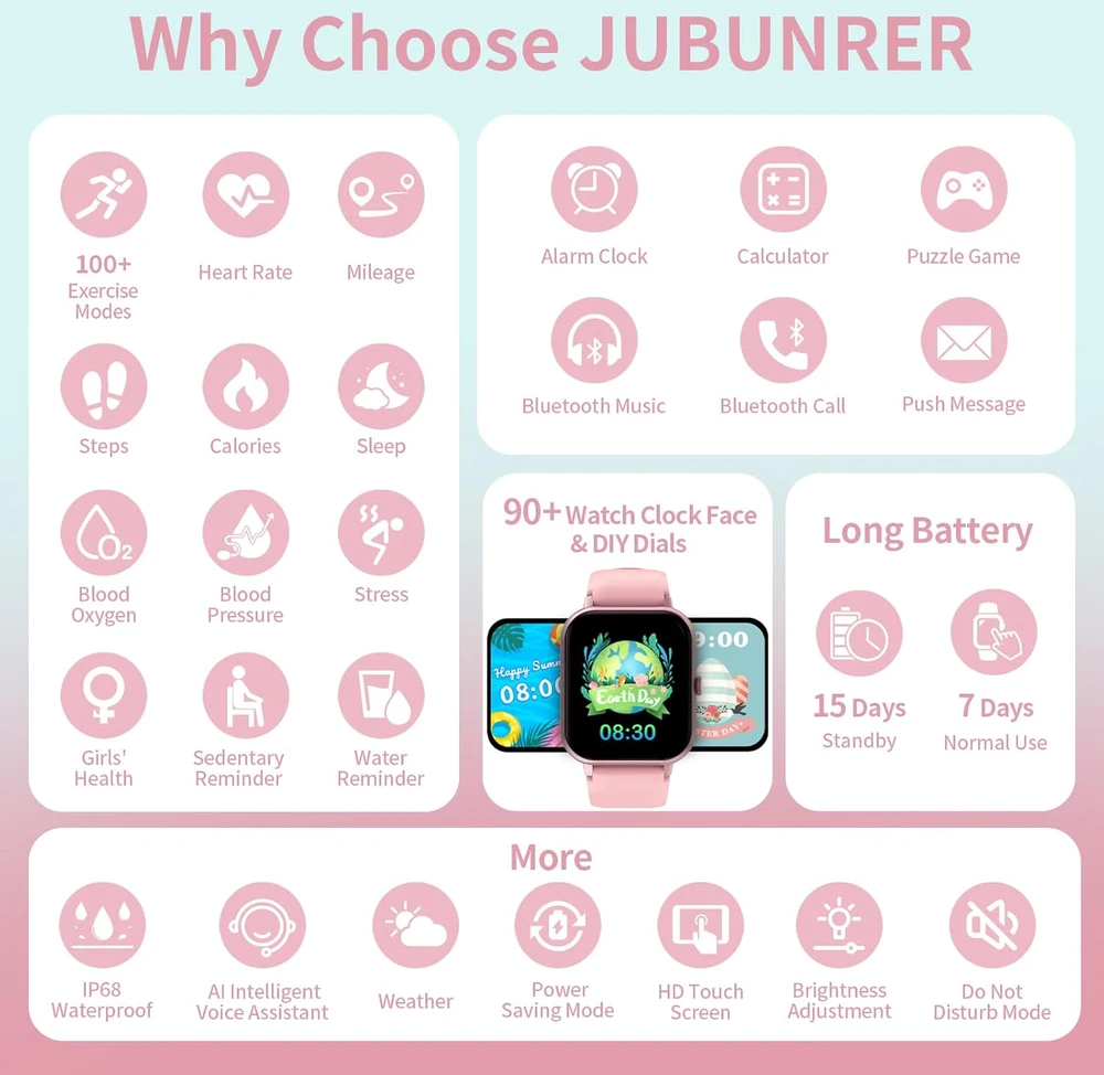 JUBUNRER vaikų išmanusis laikrodis su Bluetooth, širdies ritmo matuokliu, miego stebėjimu, žingsniamačiu, 1,37 colio jutikliniu ekranu, kidfit-rose