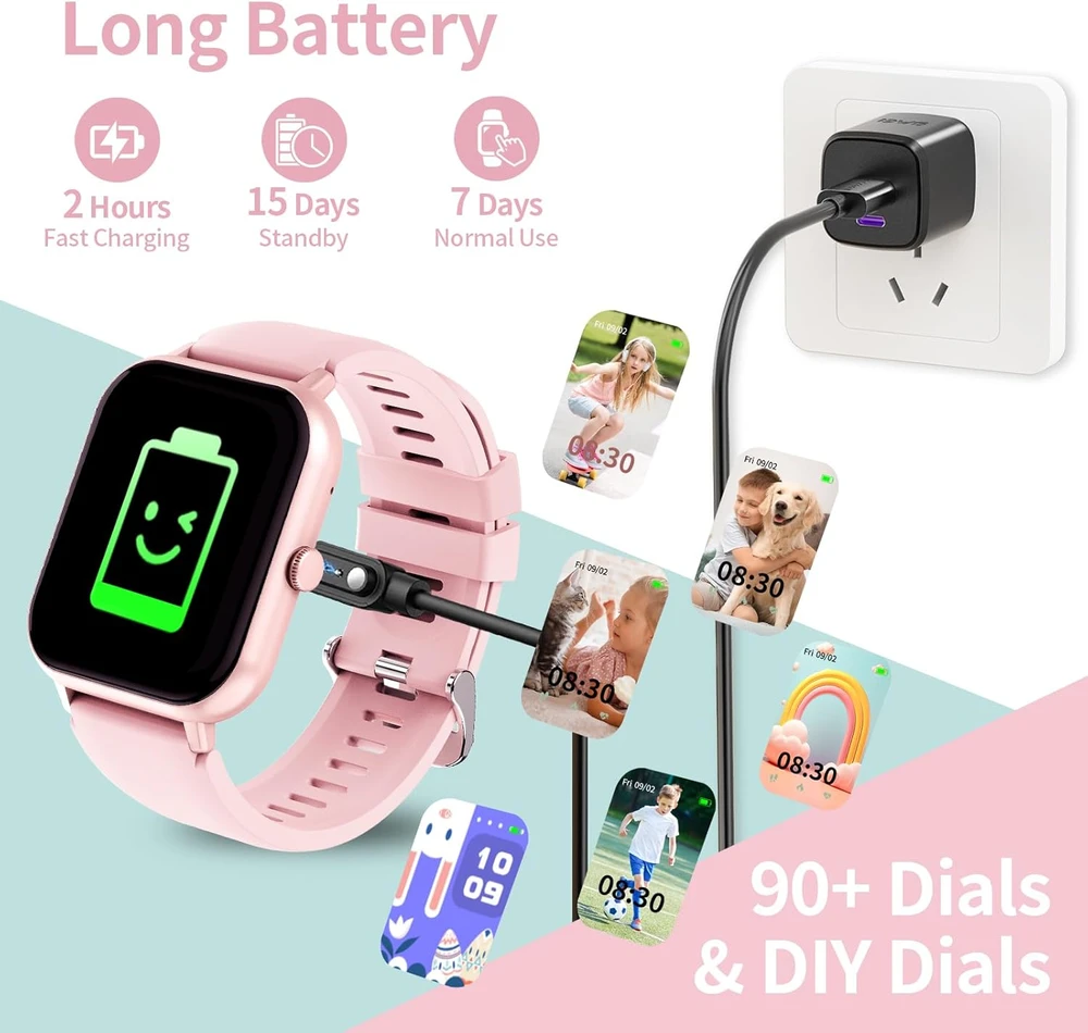 JUBUNRER vaikų išmanusis laikrodis su Bluetooth, širdies ritmo matuokliu, miego stebėjimu, žingsniamačiu, 1,37 colio jutikliniu ekranu, kidfit-rose
