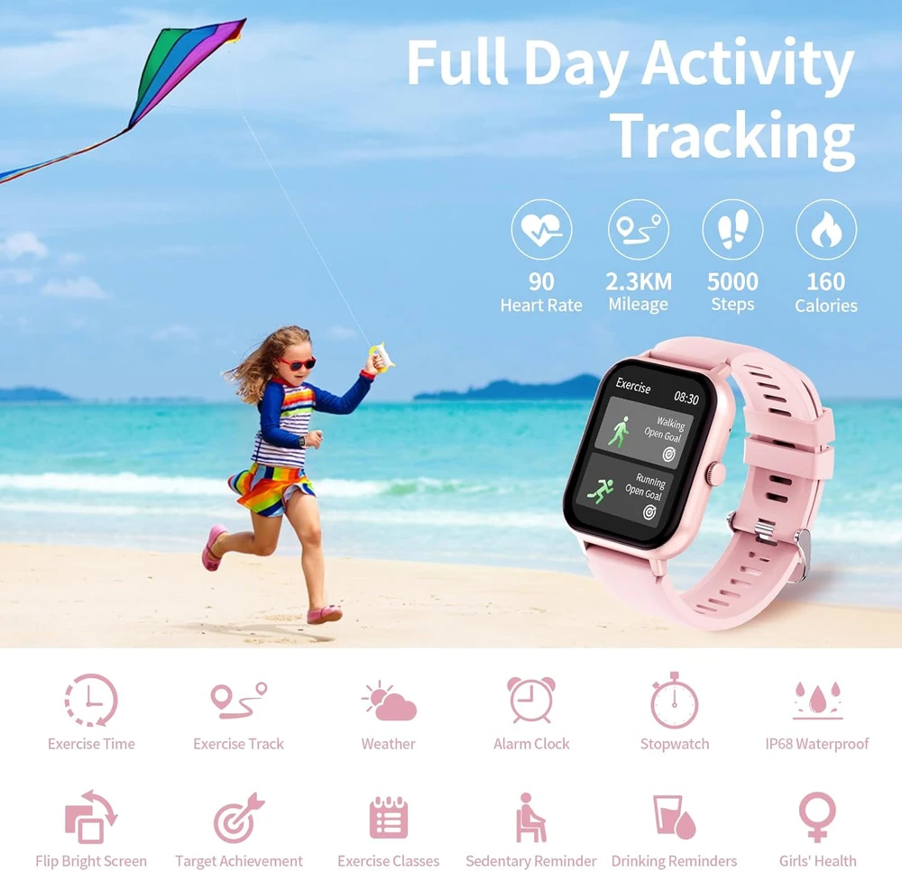 JUBUNRER vaikų išmanusis laikrodis su Bluetooth, širdies ritmo matuokliu, miego stebėjimu, žingsniamačiu, 1,37 colio jutikliniu ekranu, kidfit-rose