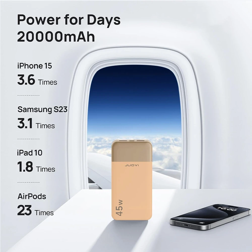 JUOVI išorinė baterija 20000 mAh 45 W su 4 USB jungtimis J2621B
