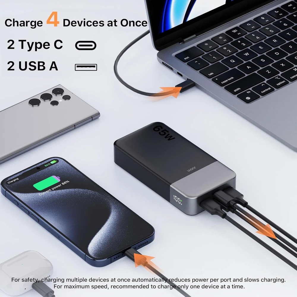 JUOVI išorinis akumuliatorius 20000 mAh 65 W su 4 USB jungtimis J2931