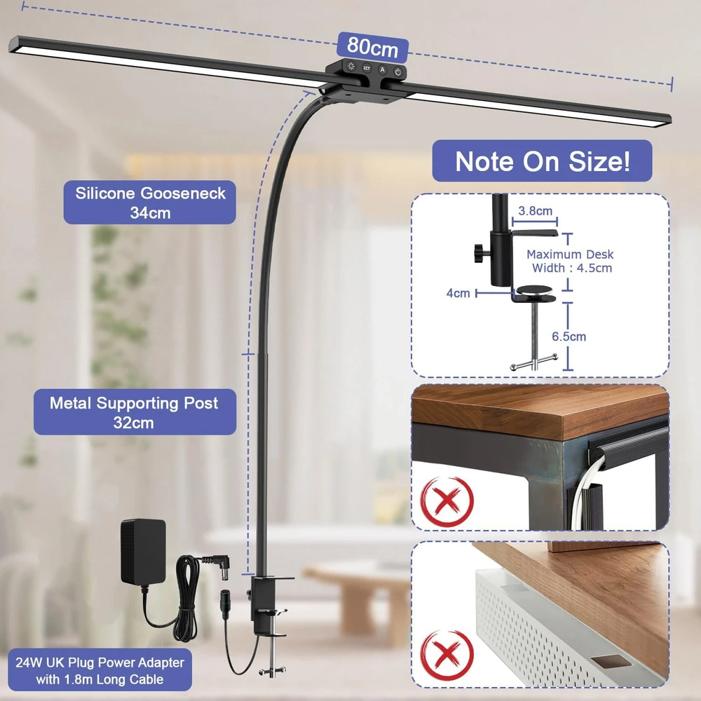 KableRika LED stalinė lempa su dviguba galvute, 24 W, 80 cm, juoda, 24W-BK-KB