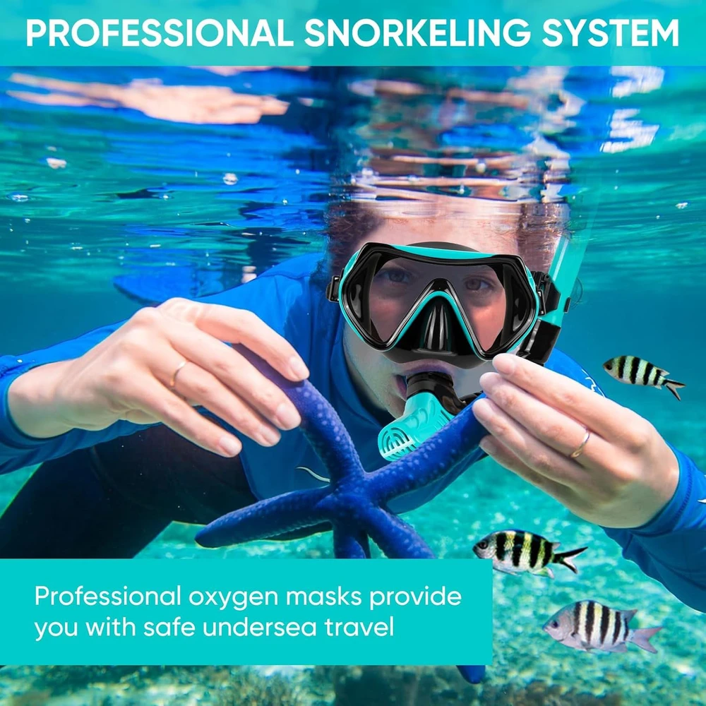KAEFUYS suaugusiųjų snorkelinimo rinkinys su sausu vožtuvu, panoramine 180° mase ir silikoniniu apvadu