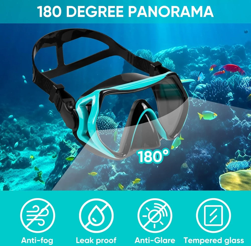 KAEFUYS suaugusiųjų snorkelinimo rinkinys su sausu vožtuvu, panoramine 180° mase ir silikoniniu apvadu