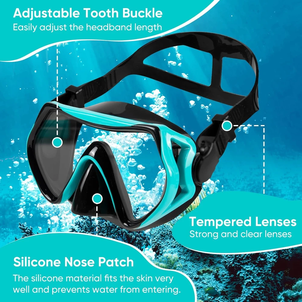 KAEFUYS suaugusiųjų snorkelinimo rinkinys su sausu vožtuvu, panoramine 180° mase ir silikoniniu apvadu