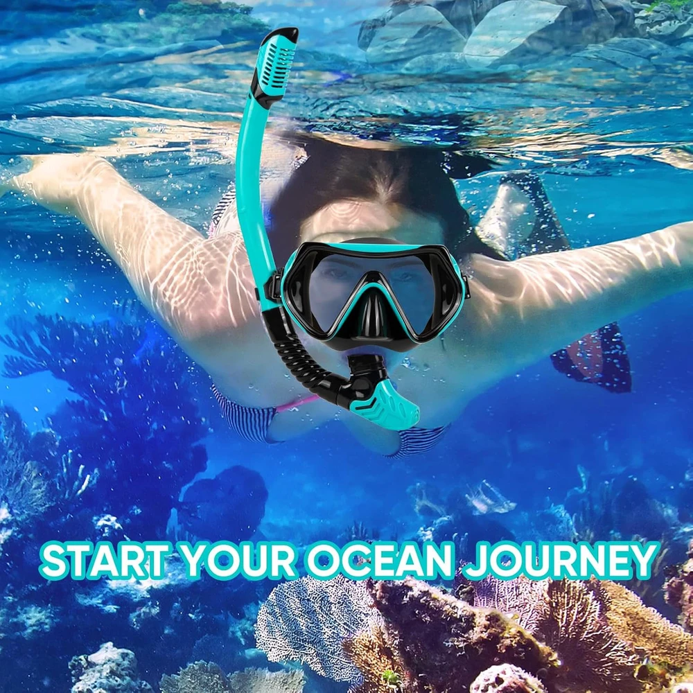 KAEFUYS suaugusiųjų snorkelinimo rinkinys su sausu vožtuvu, panoramine 180° mase ir silikoniniu apvadu