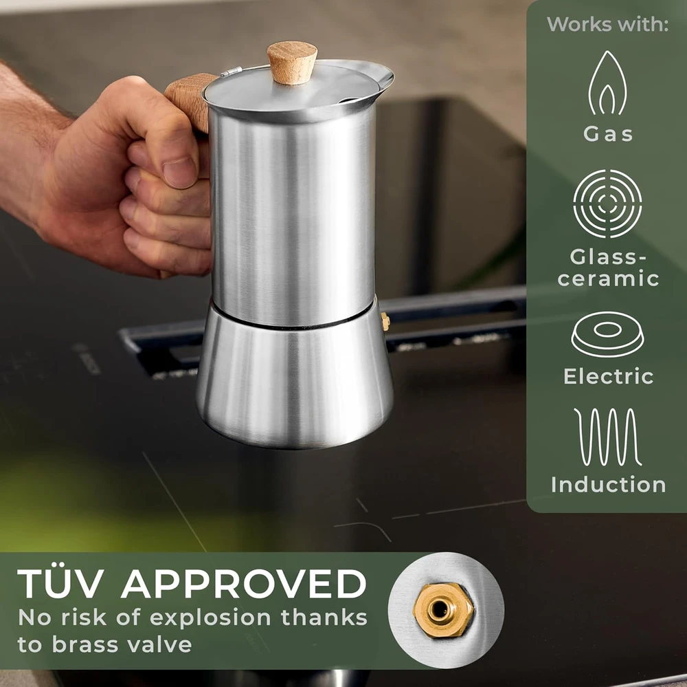 WALDWERK espresso kavinukas 300 ml indukcinei, dujinei ir elektrinei viryklei, nerūdijantis plienas, ąžuolo rankena