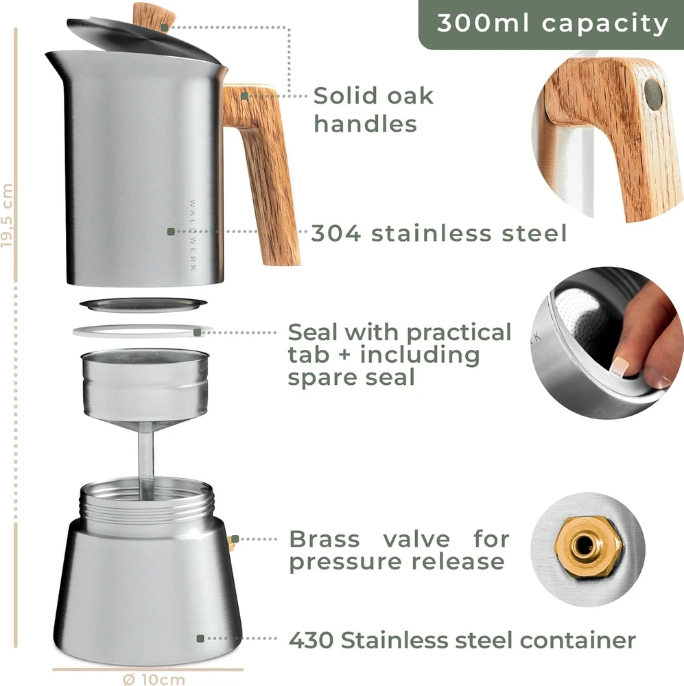 WALDWERK espresso kavinukas 300 ml indukcinei, dujinei ir elektrinei viryklei, nerūdijantis plienas, ąžuolo rankena