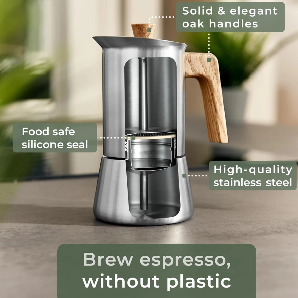 WALDWERK espresso kavinukas 300 ml indukcinei, dujinei ir elektrinei viryklei, nerūdijantis plienas, ąžuolo rankena