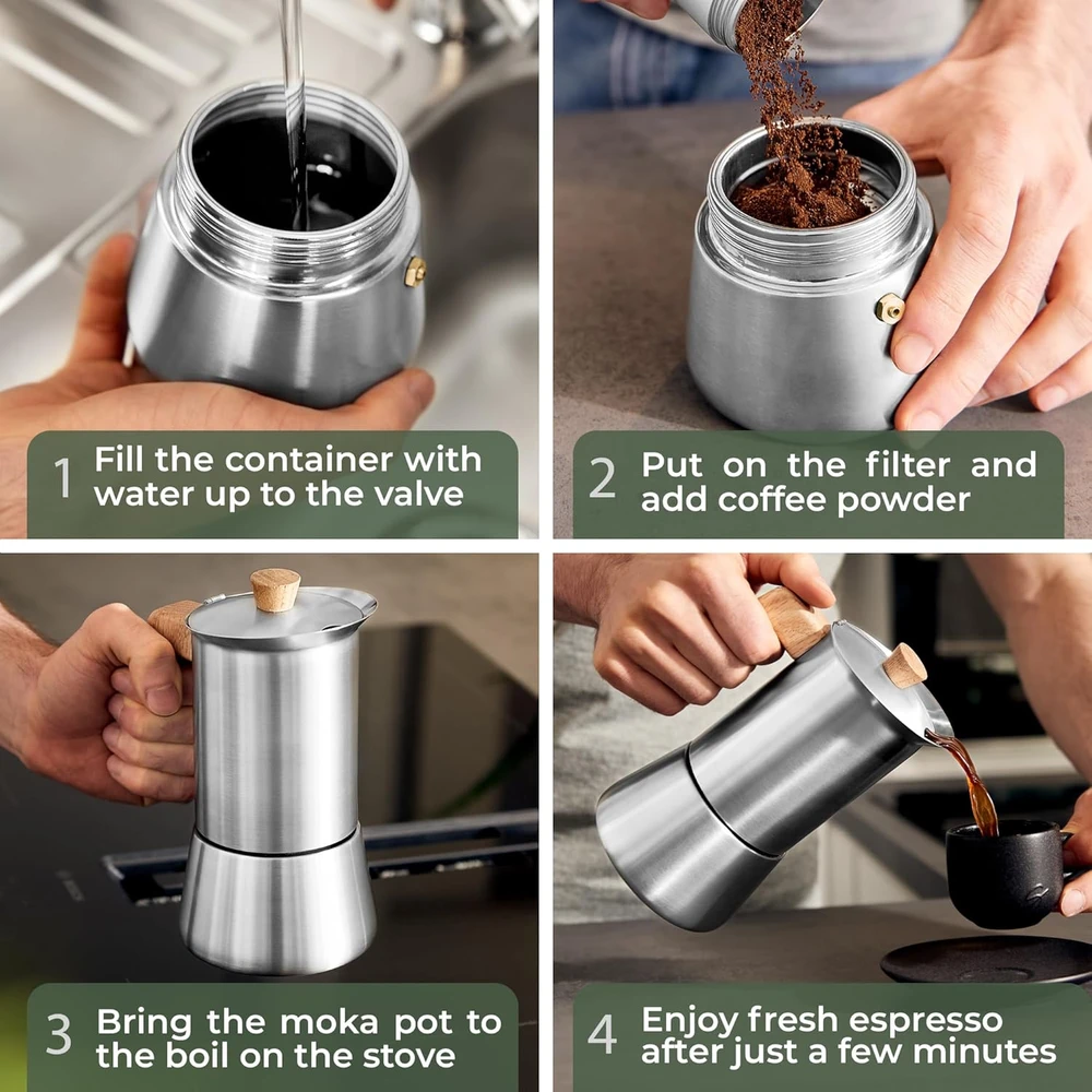 WALDWERK espresso kavinukas 300 ml indukcinei, dujinei ir elektrinei viryklei, nerūdijantis plienas, ąžuolo rankena