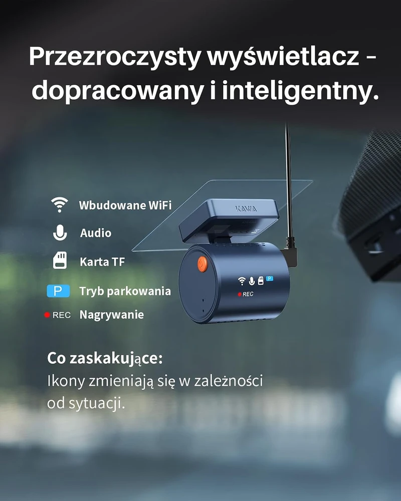 KAWA automobilinė vaizdo kamera 2K 1296p su Wi-Fi, valdymu balsu ir 135° matymo lauku